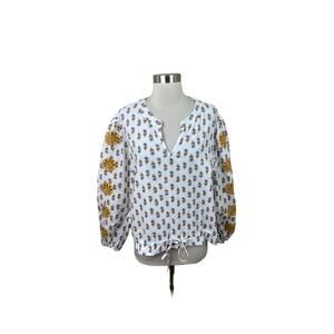 Solitare NEW XL Blue Gold Floral Embroidered Sleeve Boho Peasant Blouse